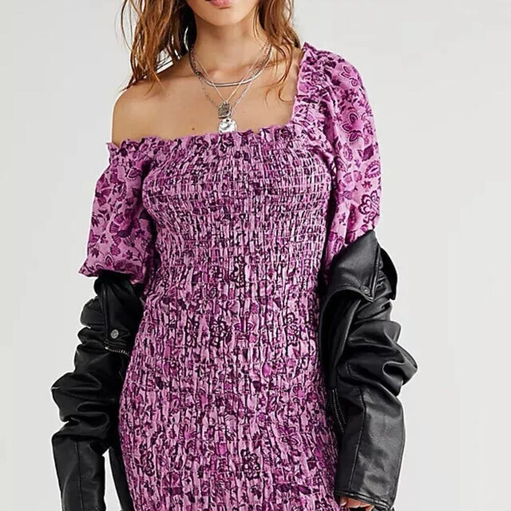 Free People Purple One-Shoulder Smocked Midi Dress